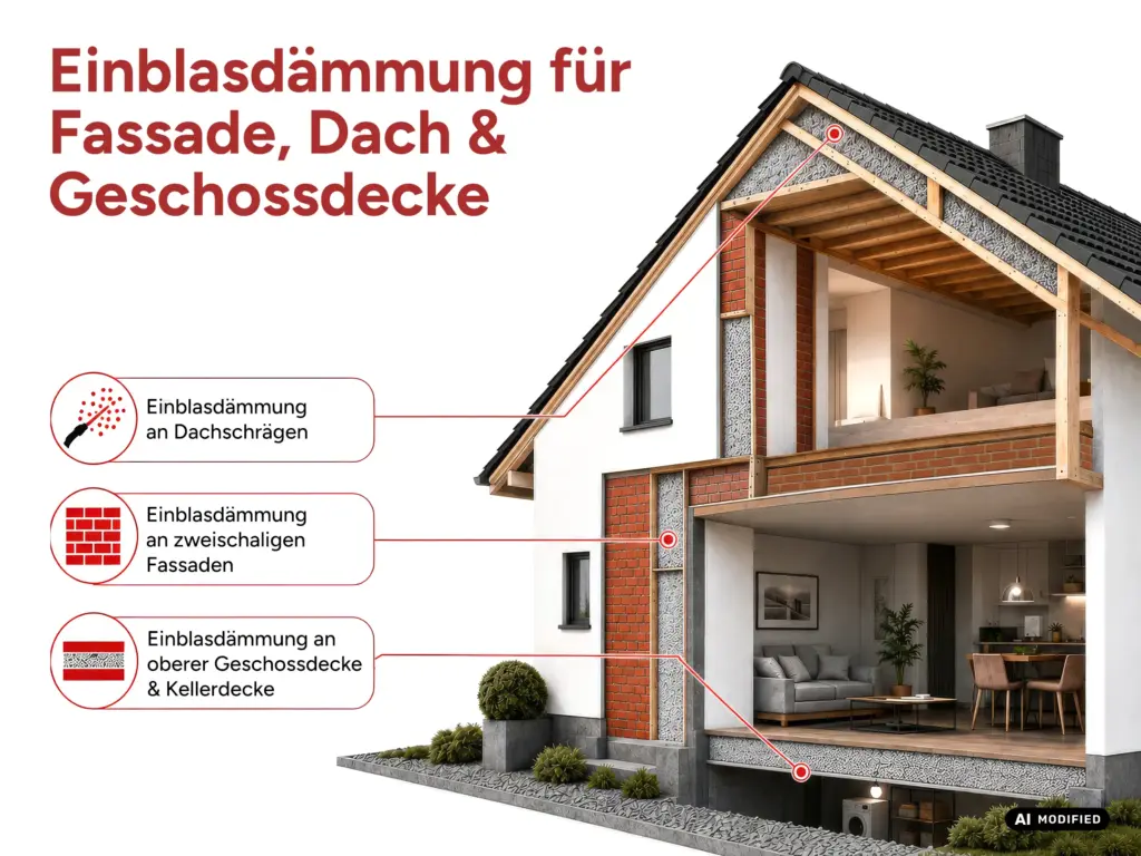 Einblasdämmung an Fassade, Dach und Geschossdecke Haus im Querschnitt mit Linien auf die mit per Einblasdämmung zu dämmenden Flächen