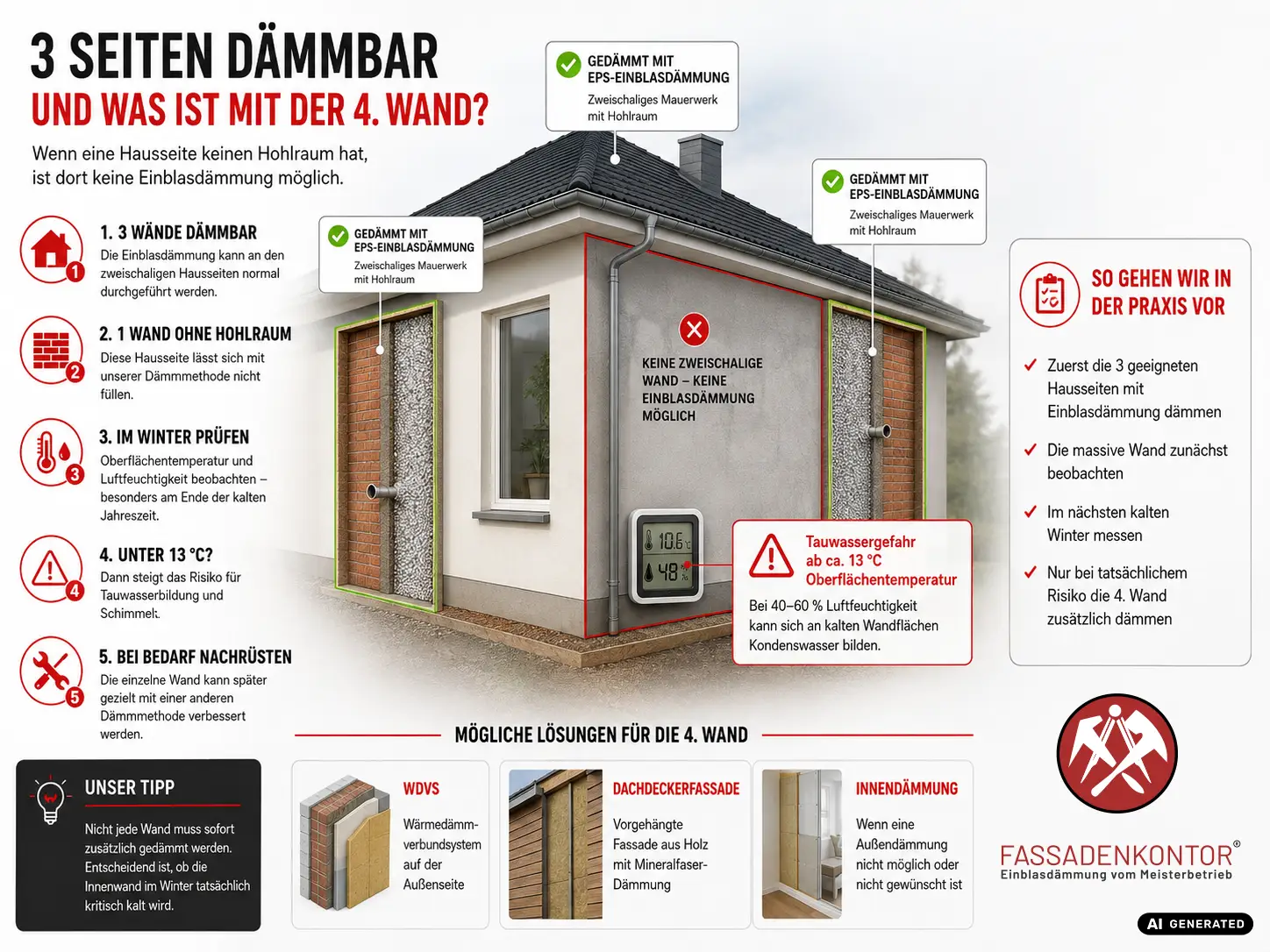 Infografik: Haus mit drei per Einblasdämmung dämmbaren Wänden und einer massiven vierten Wand ohne Hohlraum, dazu die Schritte 1 bis 5 und die Lösungen WDVS, Dachdeckerfassade und Innendämmung