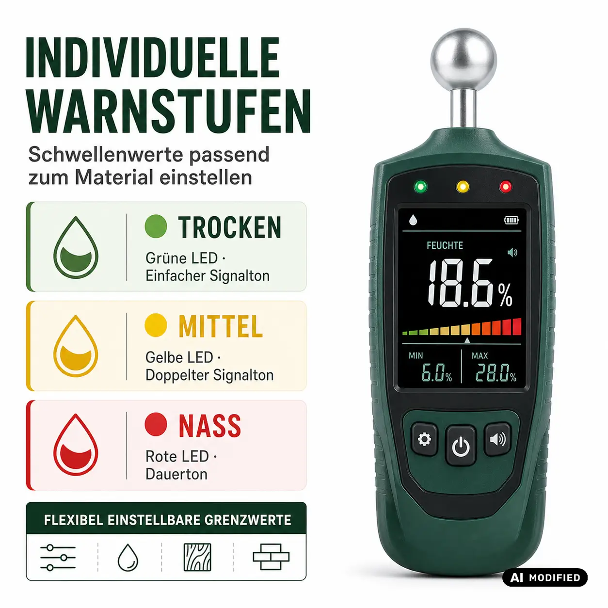 Digitales Feuchtigkeitsmessgerät für Wände mit Kugelsensor, Etui, Batterien und Verpackung