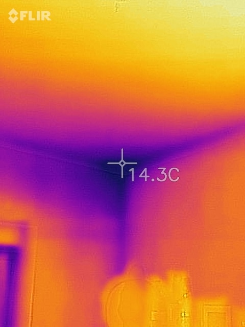 Wärmebildaufnahme einer Zimmerecke: die Wand-Decken-Ecke ist violett eingefärbt und mit 14,3 Grad Celsius deutlich kälter als die umgebende Fläche
